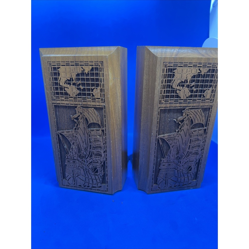 Pair of Vintage LaserCraft Solid Walnut Nautical Bookends ~ Laser Engraved